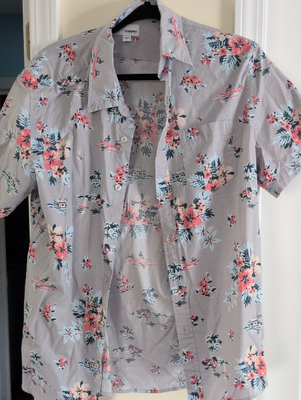 Sonoma Floral Blouse in Light Gray, Coral and Teal